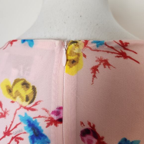 Ganni Dress Size 38 US 6 Womens Floral Pink Mesh Ruched Mini Bodycon Feminine - Picture 8 of 12